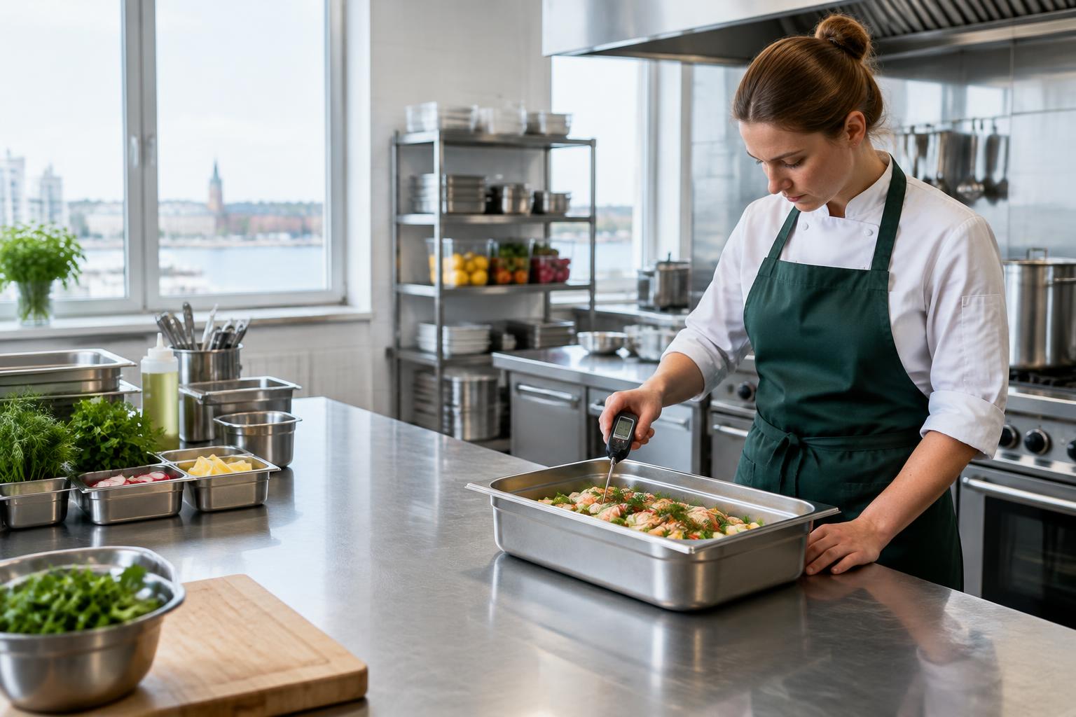 Kock kontrollerar temperaturen i mat i restaurangkök